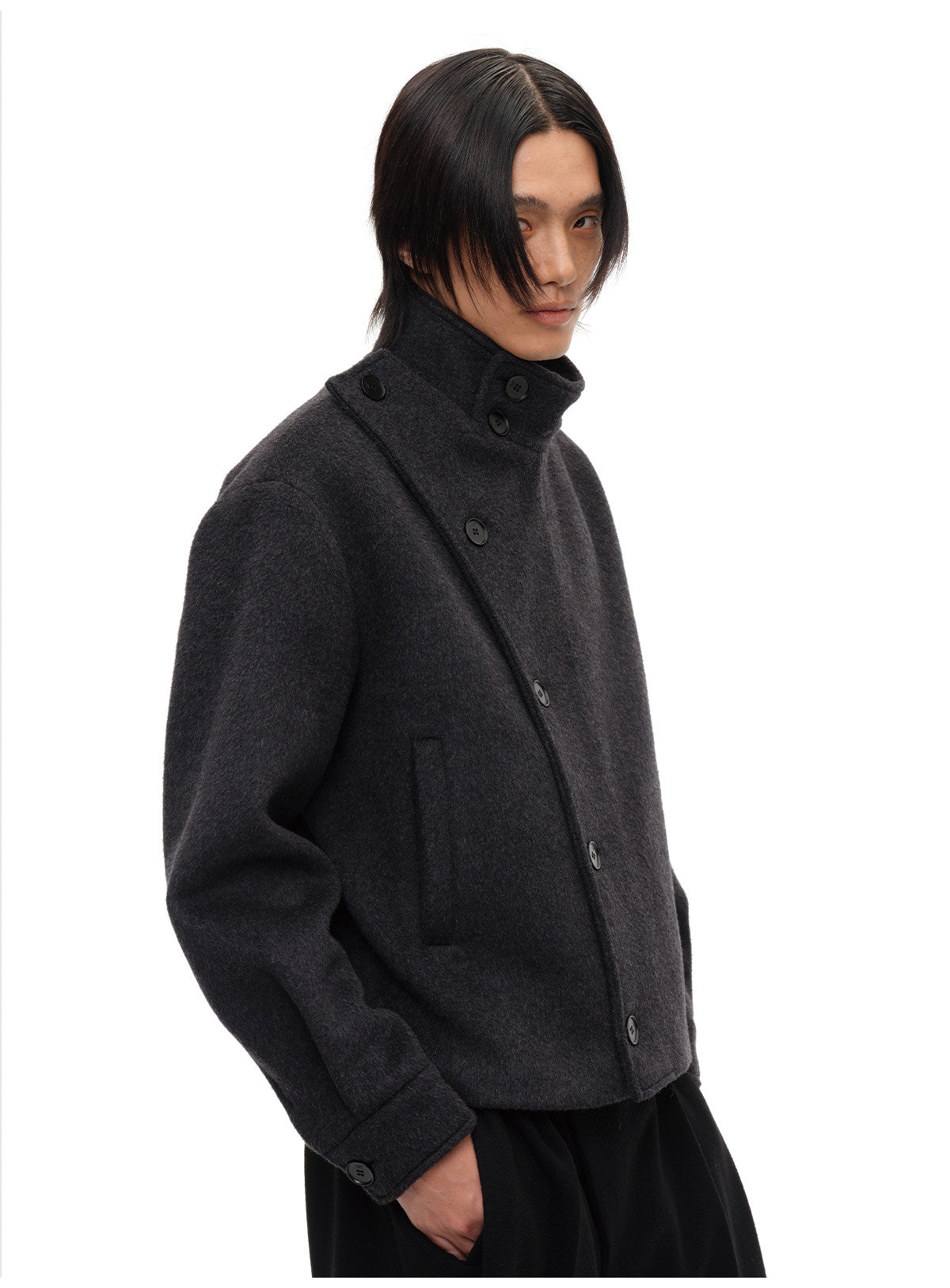 Collar-attached button-down wool jacket