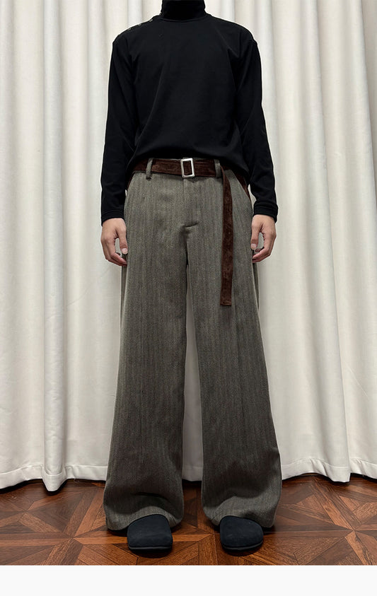 Suede Belt Pleated Casual Pants