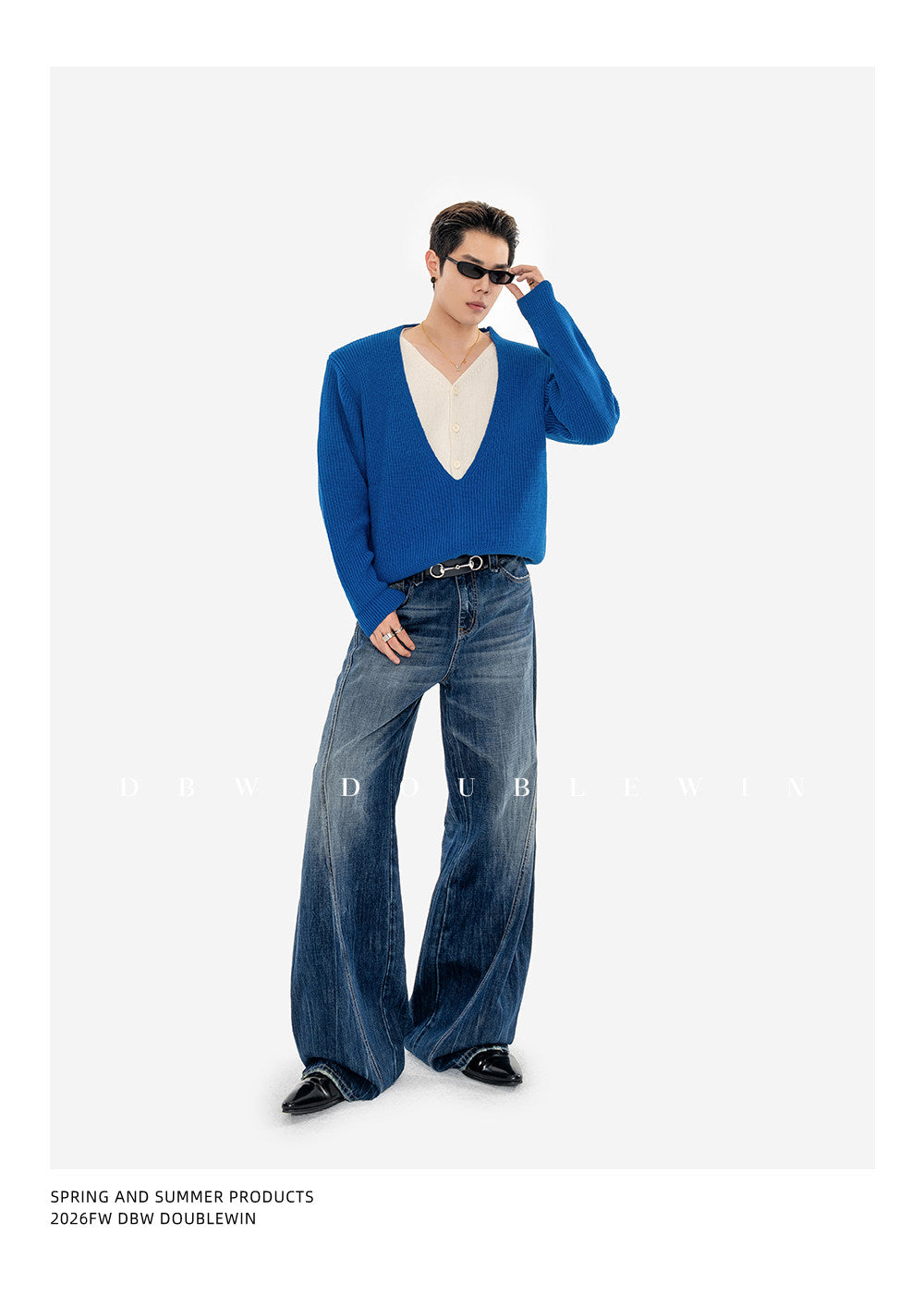 Faux Two-Piece V-Neck Knit Sweater with Shoulder Pads