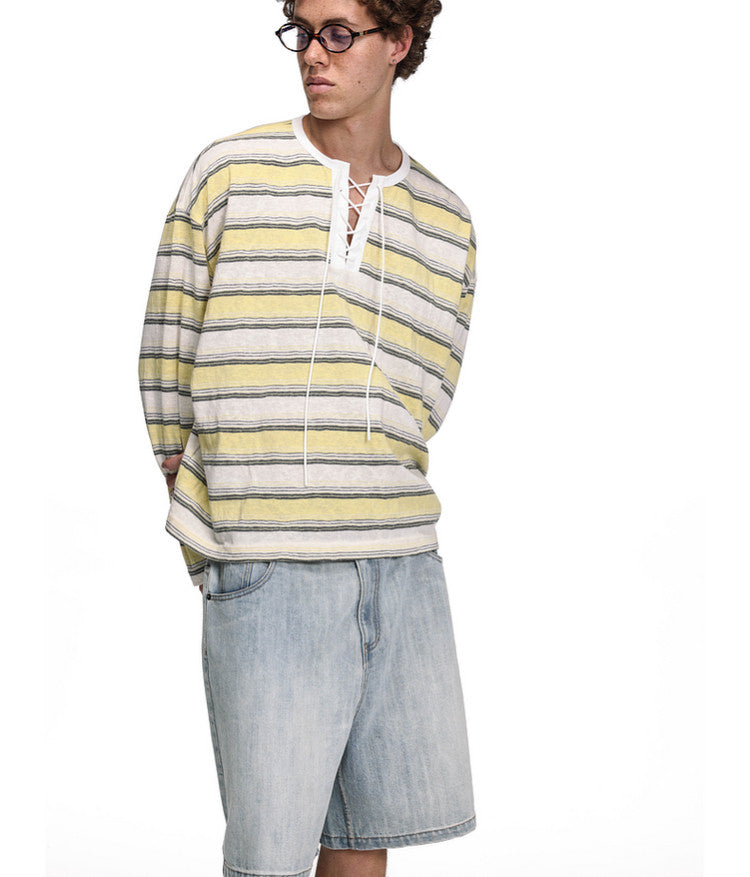 Drawstring Tie Henley Collar T-Shirt