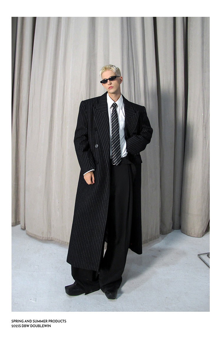 Wool Blend Striped Long Coat