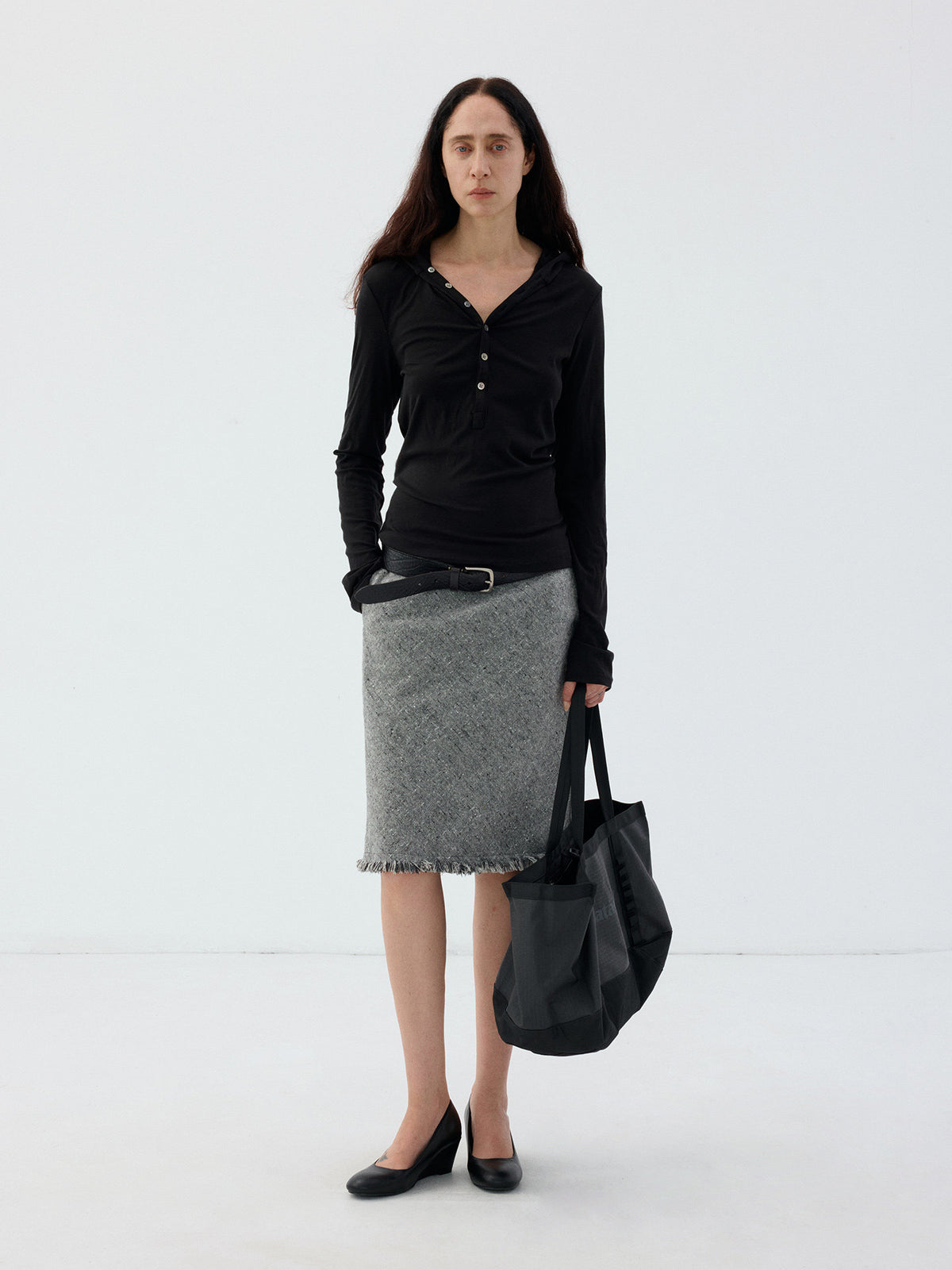 Henry-Collar T-Shirt with Half-Button Hood