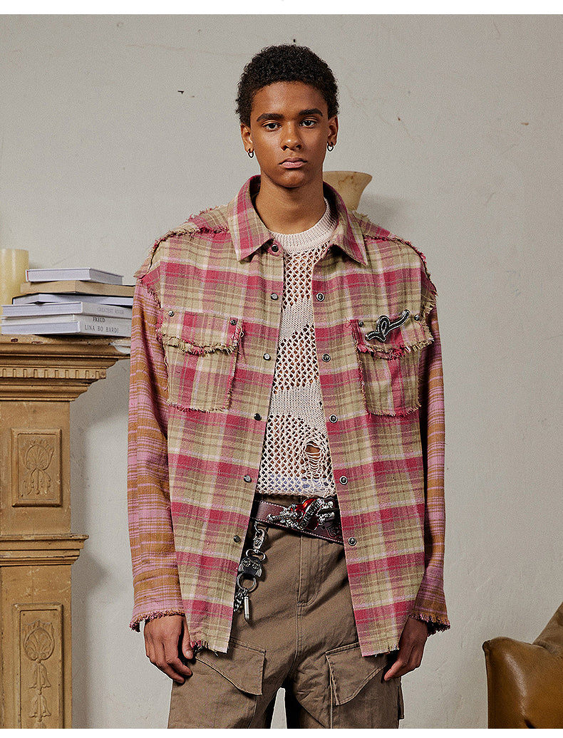 Raised raw edge split plaid shirt