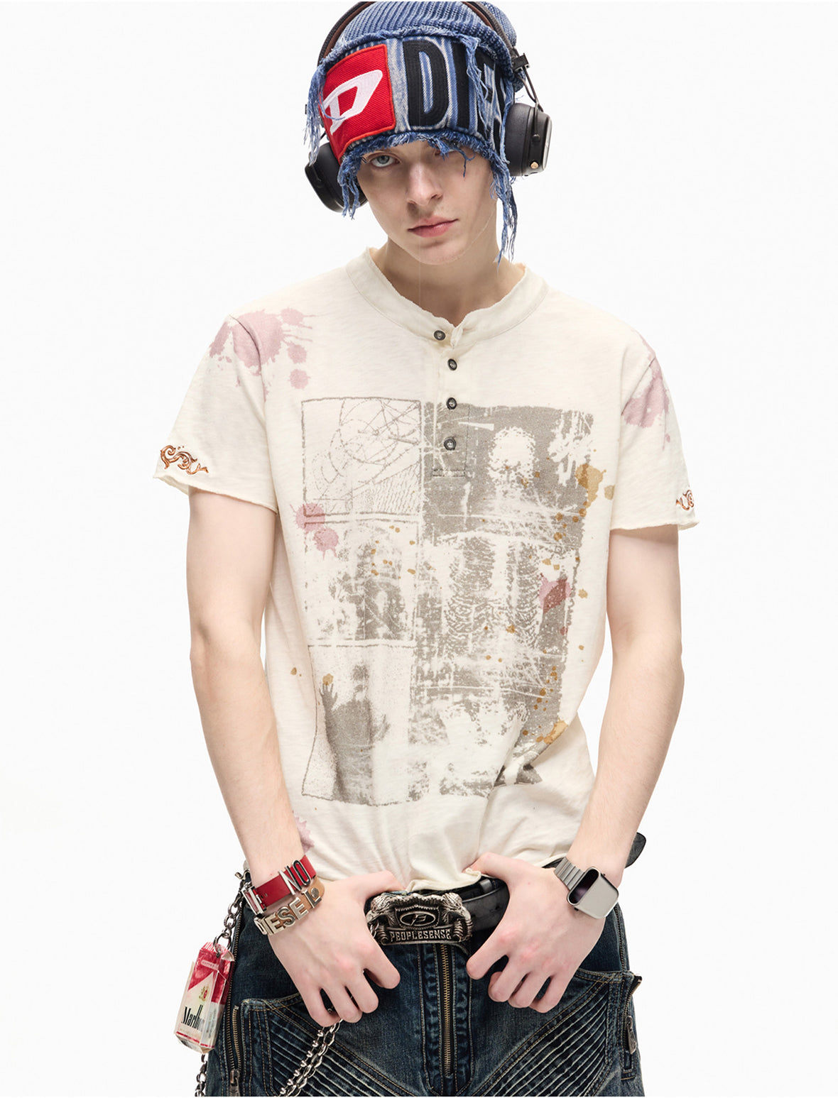 Retro Creative Print Henley-Neck T-Shirt