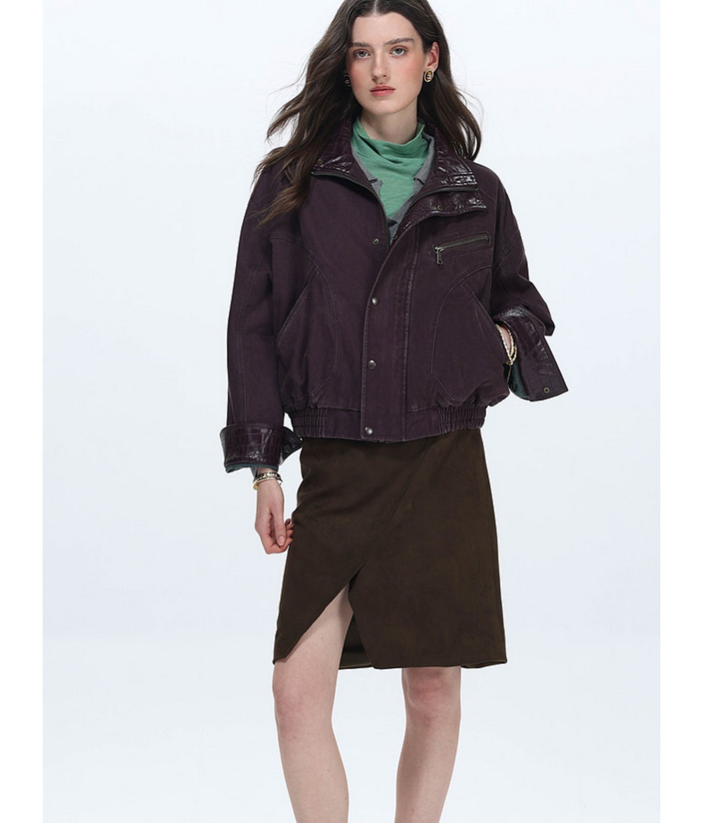 Faux Crocodile Leather Stand-Up Collar Jacket