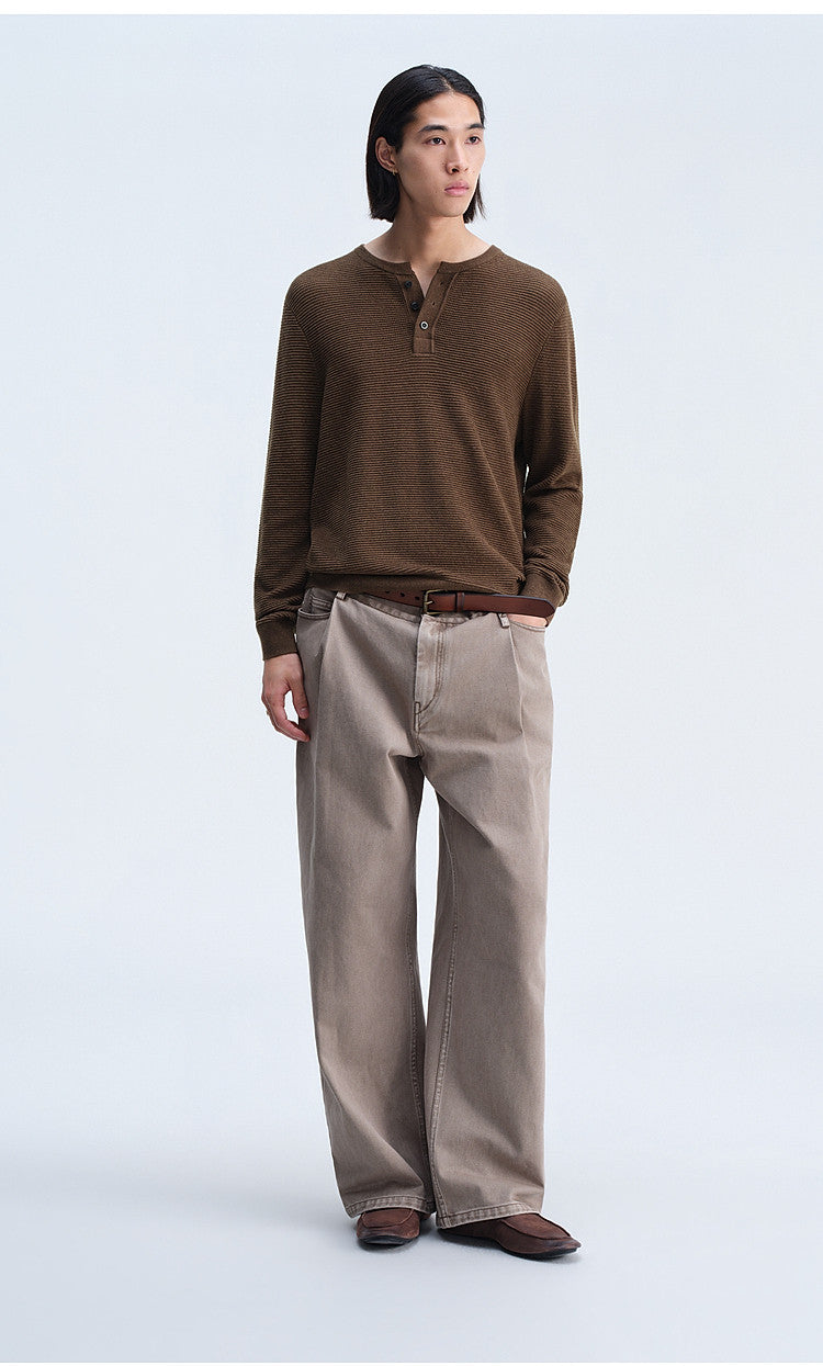 Henry-Collar Button-Down Shirt