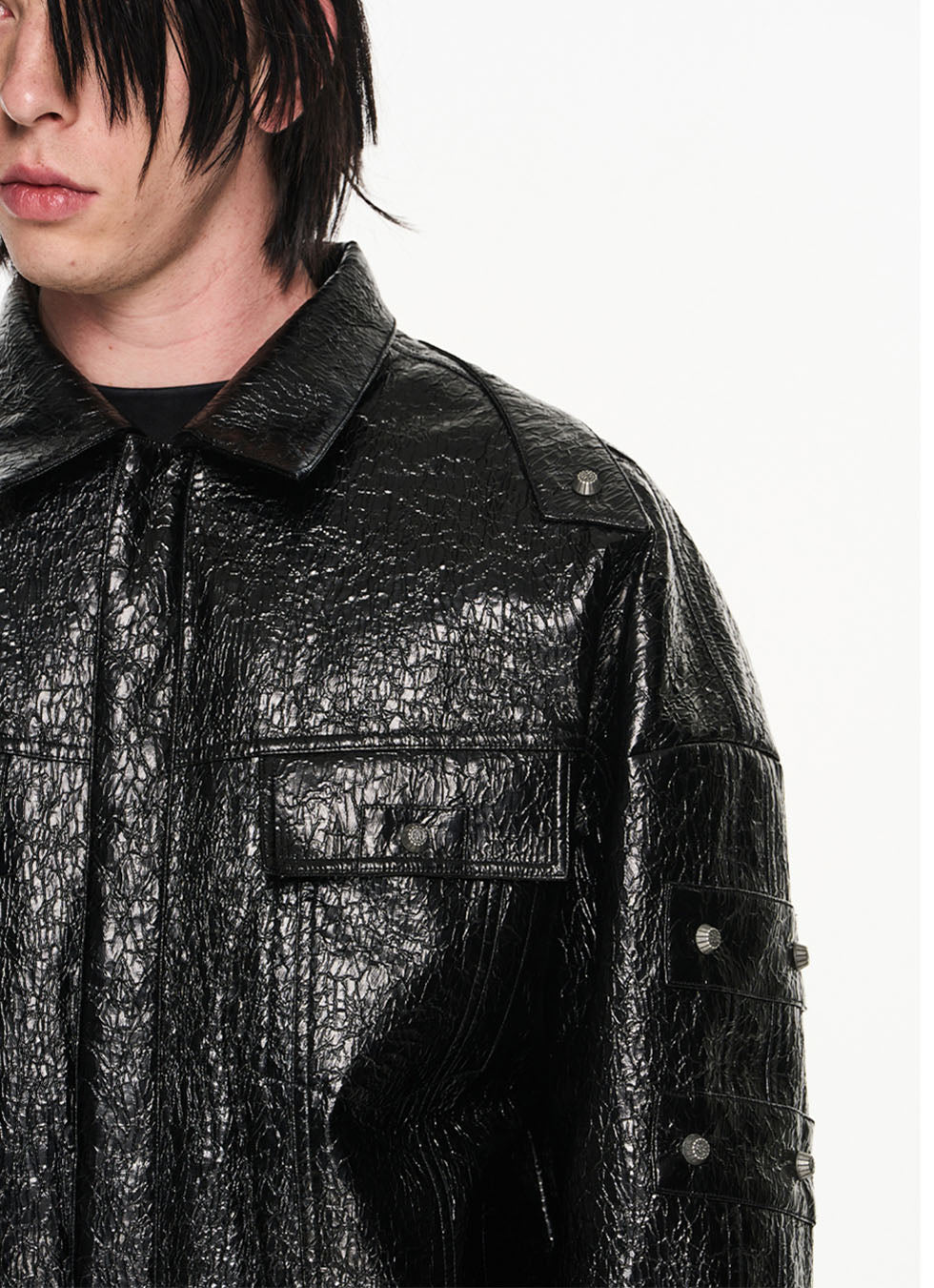 Cracked textured leather riveted lapel cotton jacket