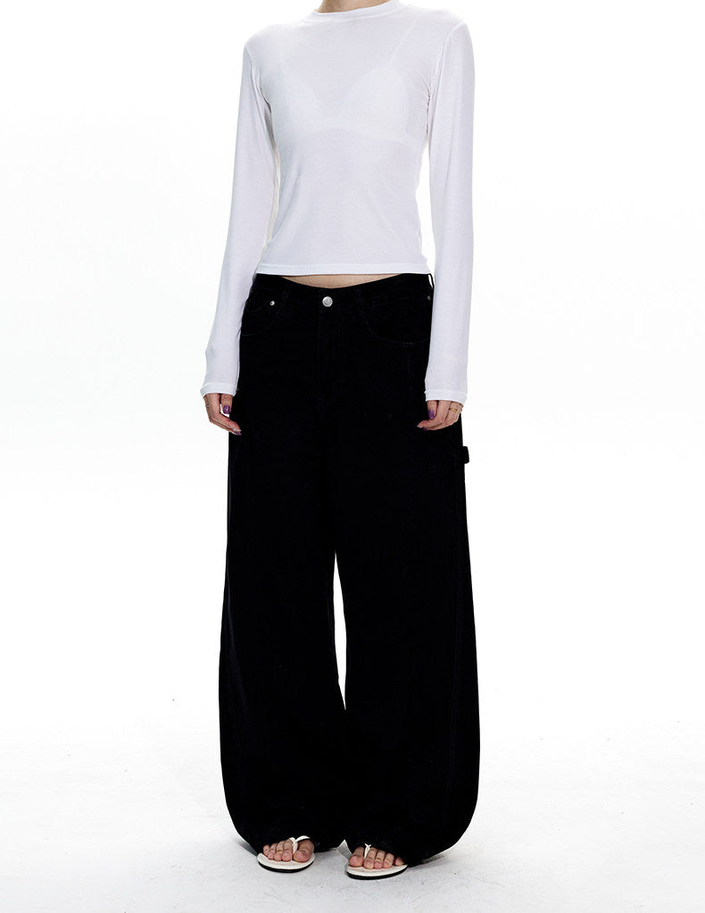 Wash-processed distressed loose denim pants