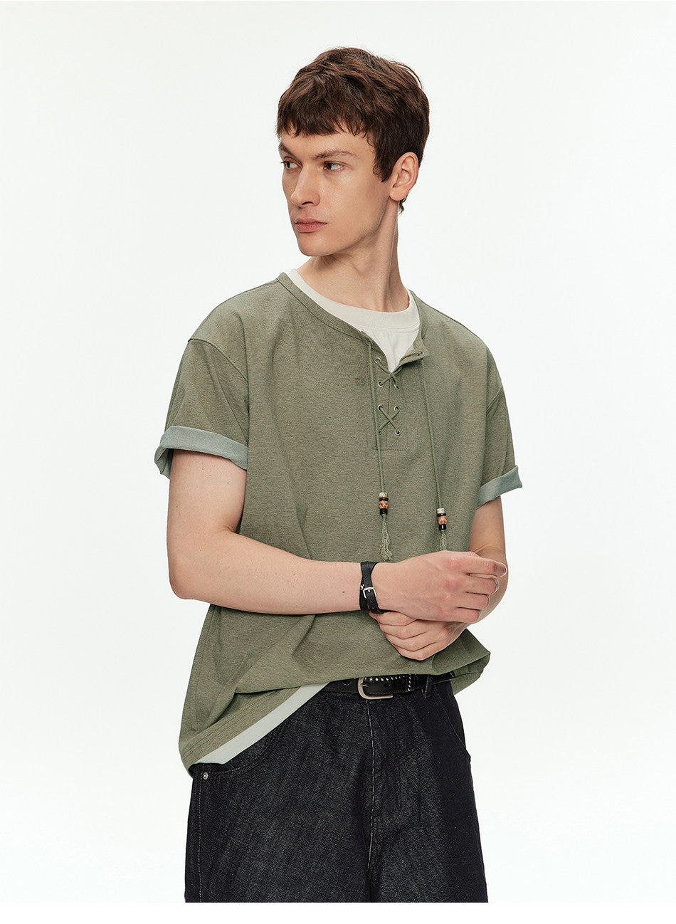 Off-Shoulder Fake Two-Piece T-Shirt with Beads