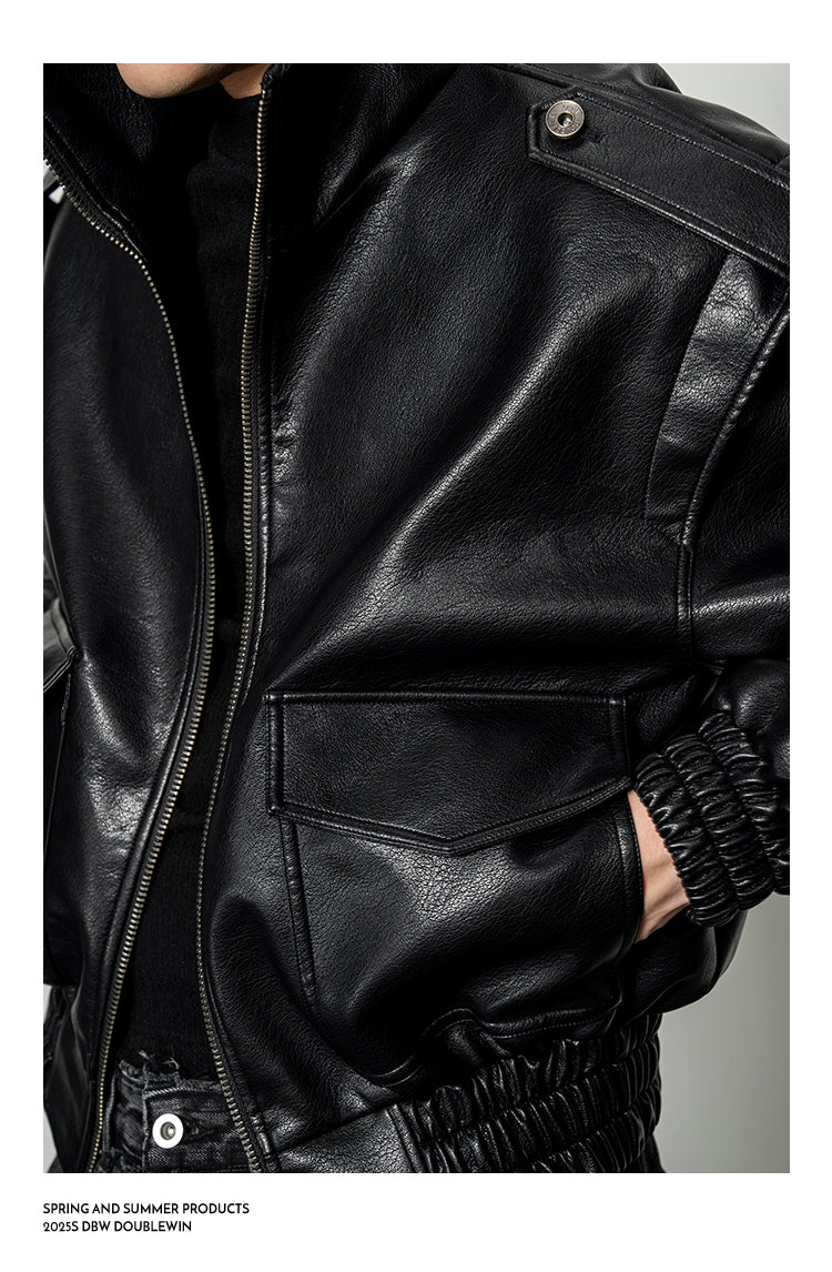 Wide-Shoulder High-Neck Leather Jacket