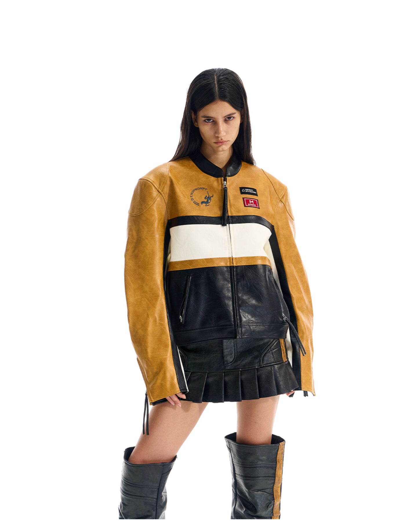 Contrast Color Leather Jacket