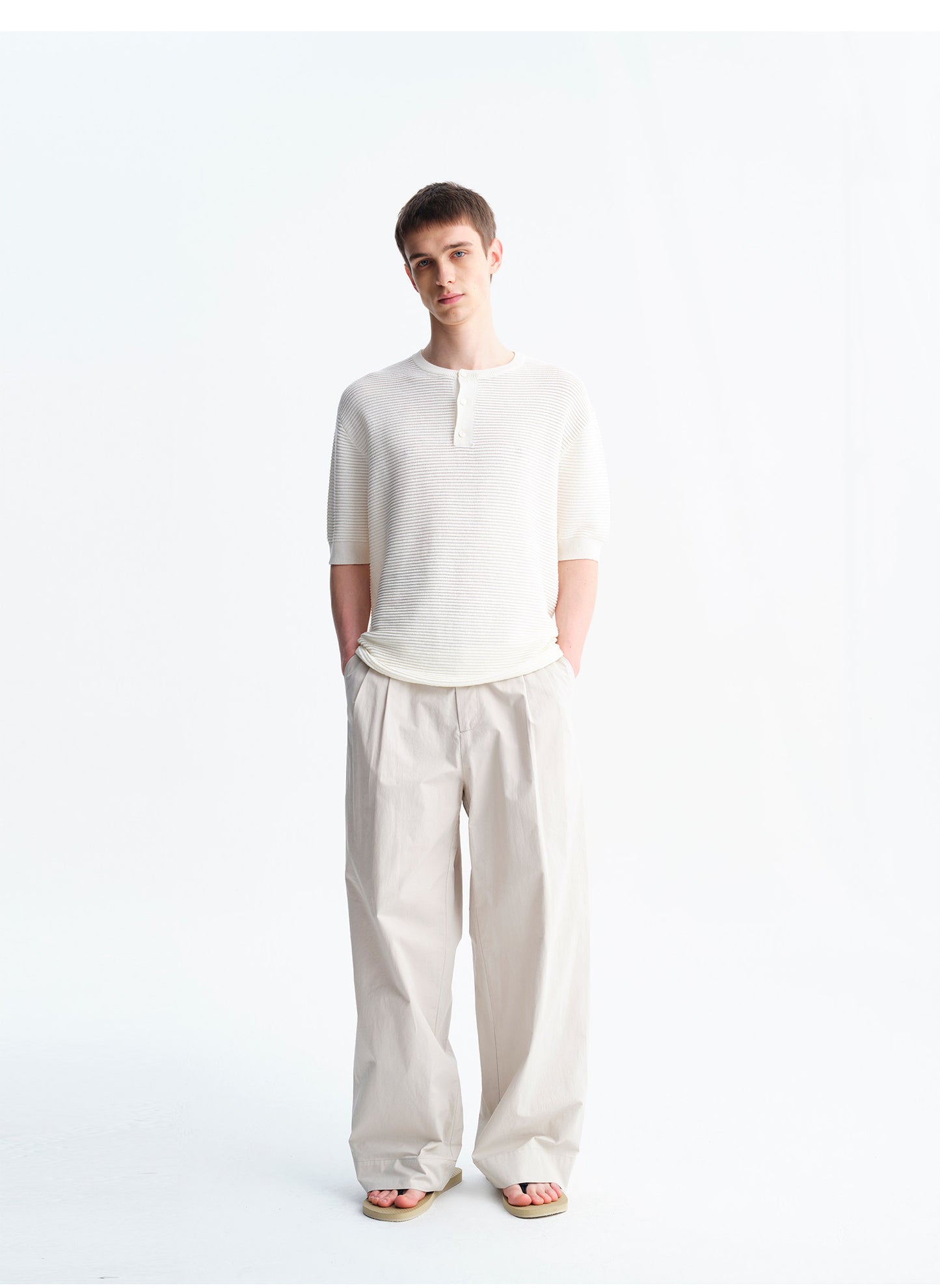 Henry-Neck Wool-Look Short-Sleeve Shirt