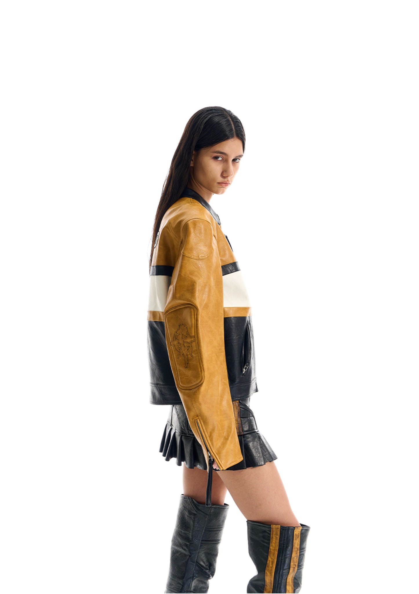 Contrast Color Leather Jacket