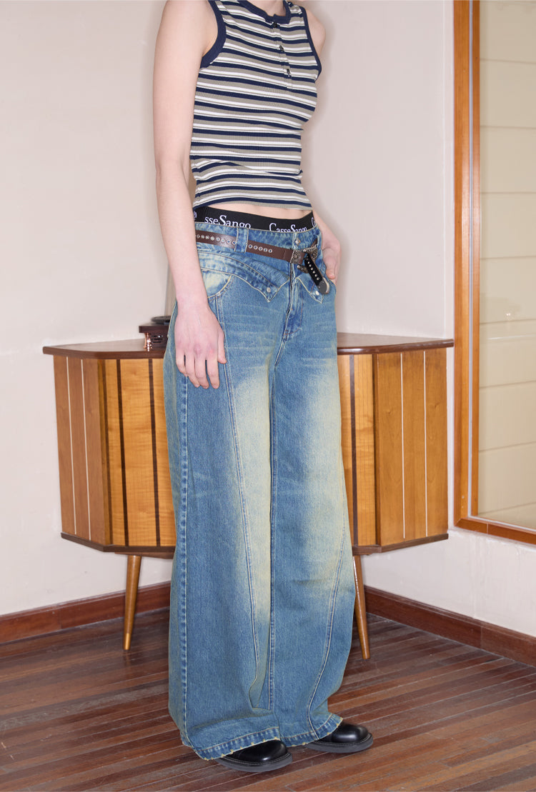 Double Waist Washed Loose Jeans