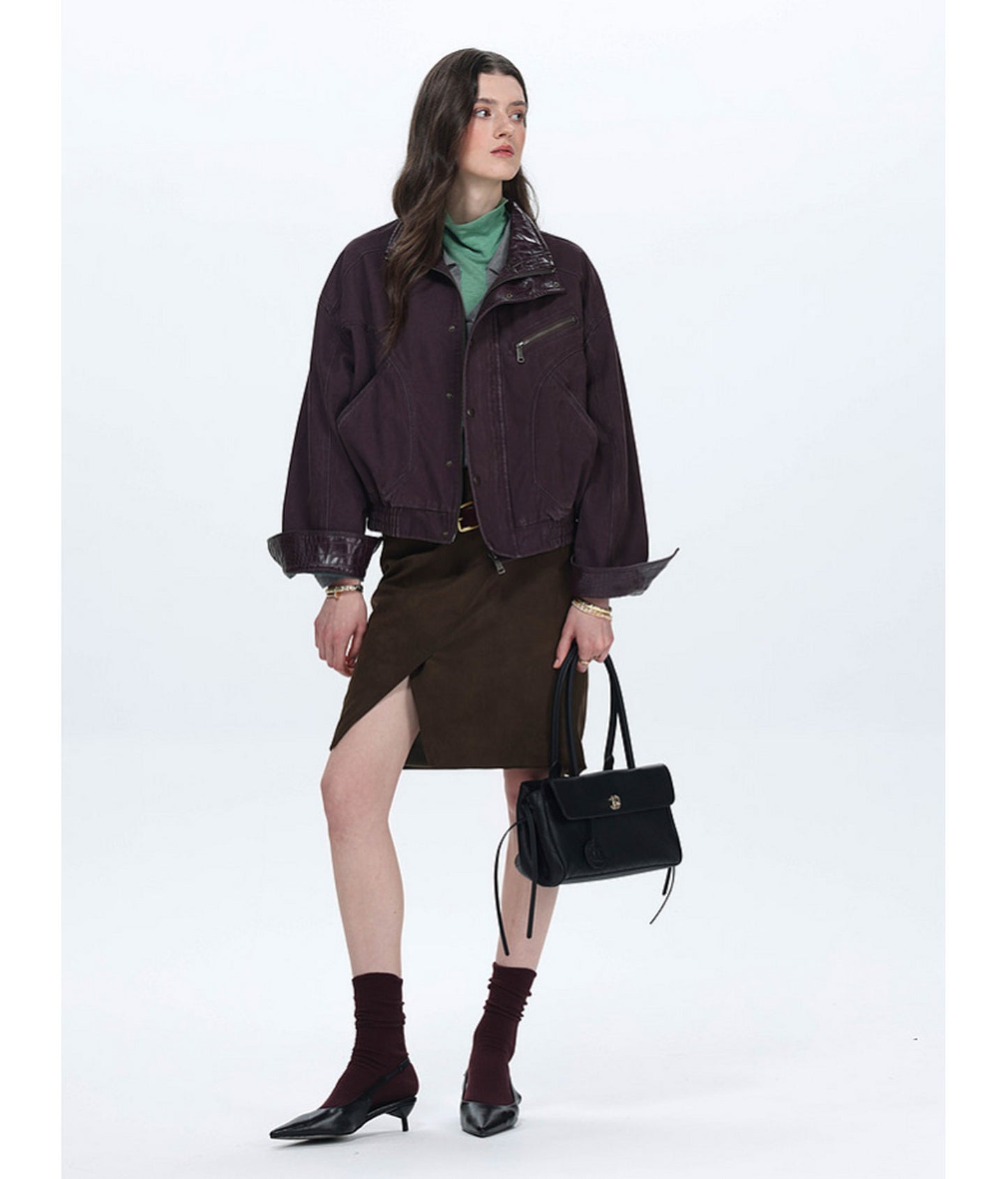 Faux Crocodile Leather Stand-Up Collar Jacket