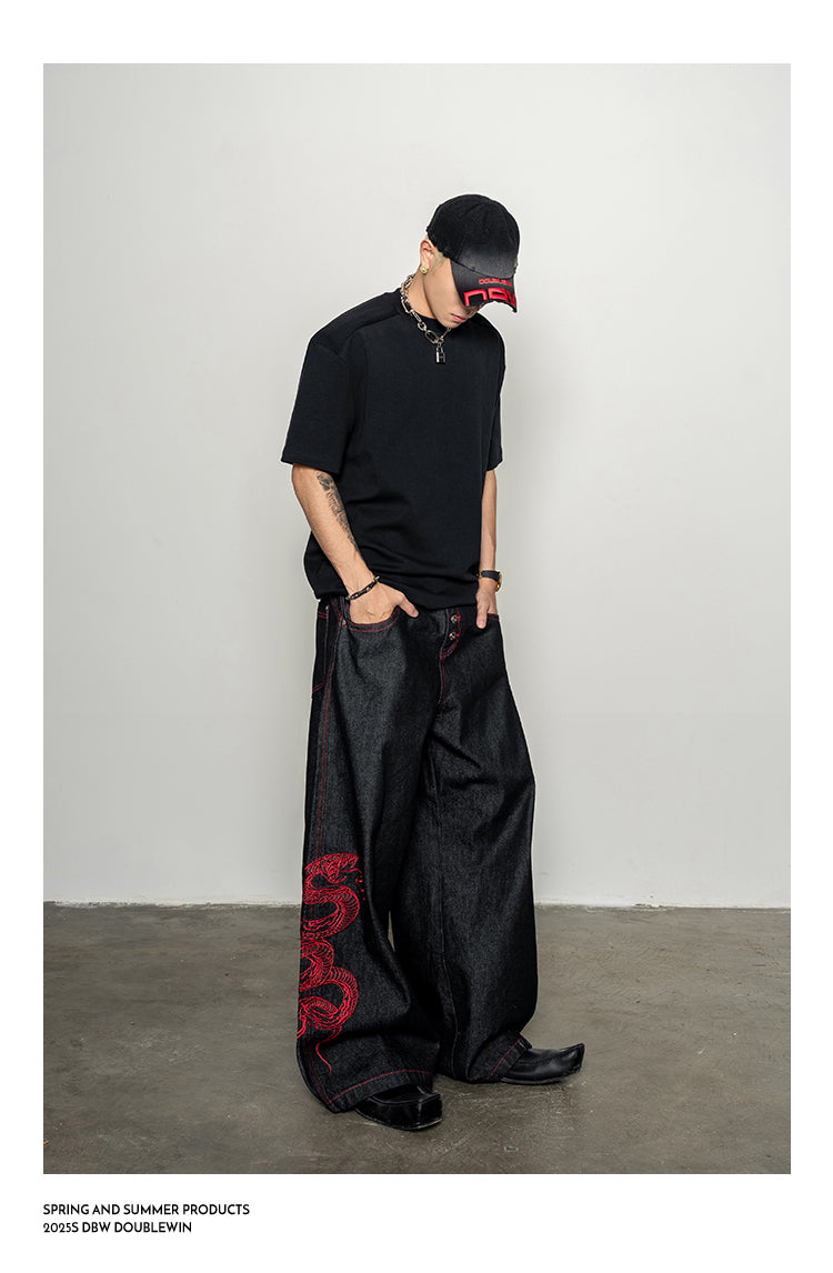Red Snake Denim Pants