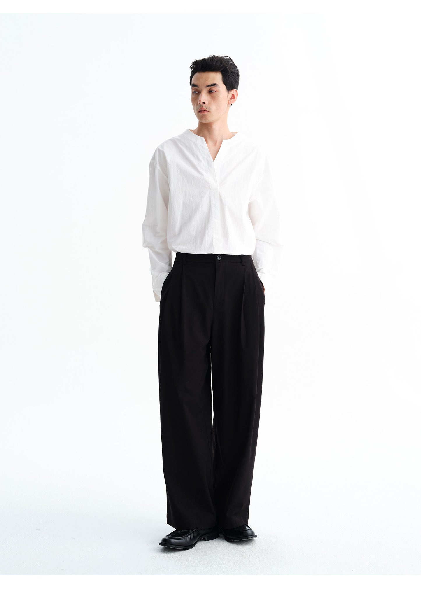 Wool Blend Double-Pleated Casual Pants