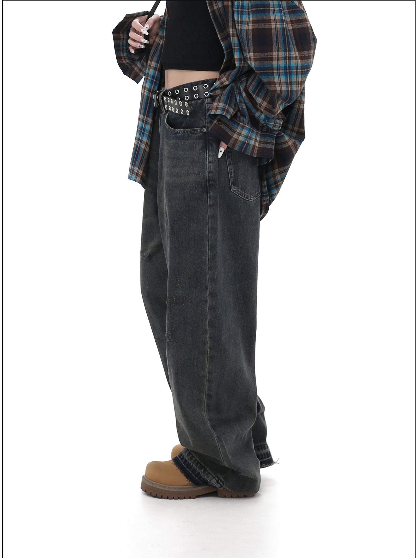 Loose-fitting wide-leg denim pants