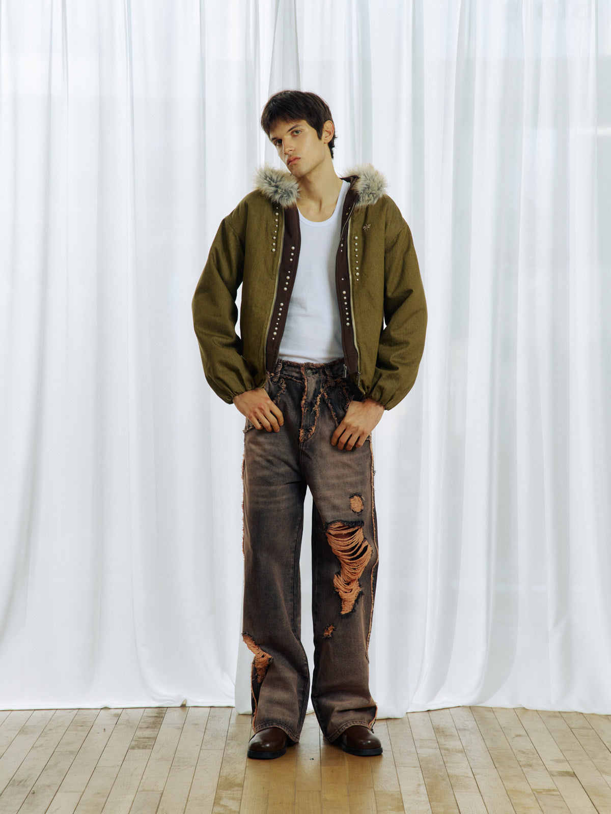 Hand-Distressed Cut Frayed Jeans