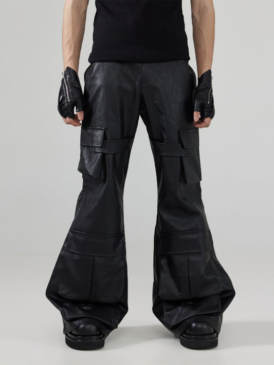 Multi-pocket loose leather pants