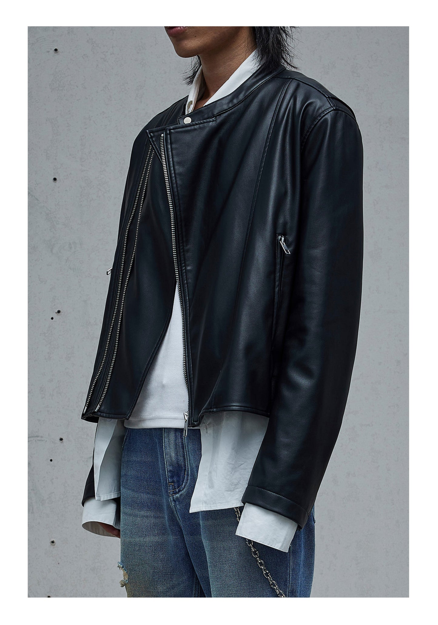 Double Zipper Stand Collar PU Leather Jacket