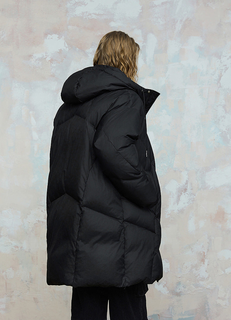 Solid color mid-length hooded down jacket