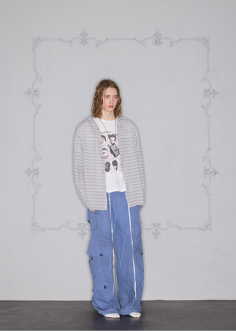 Striped pleated hooded shirt