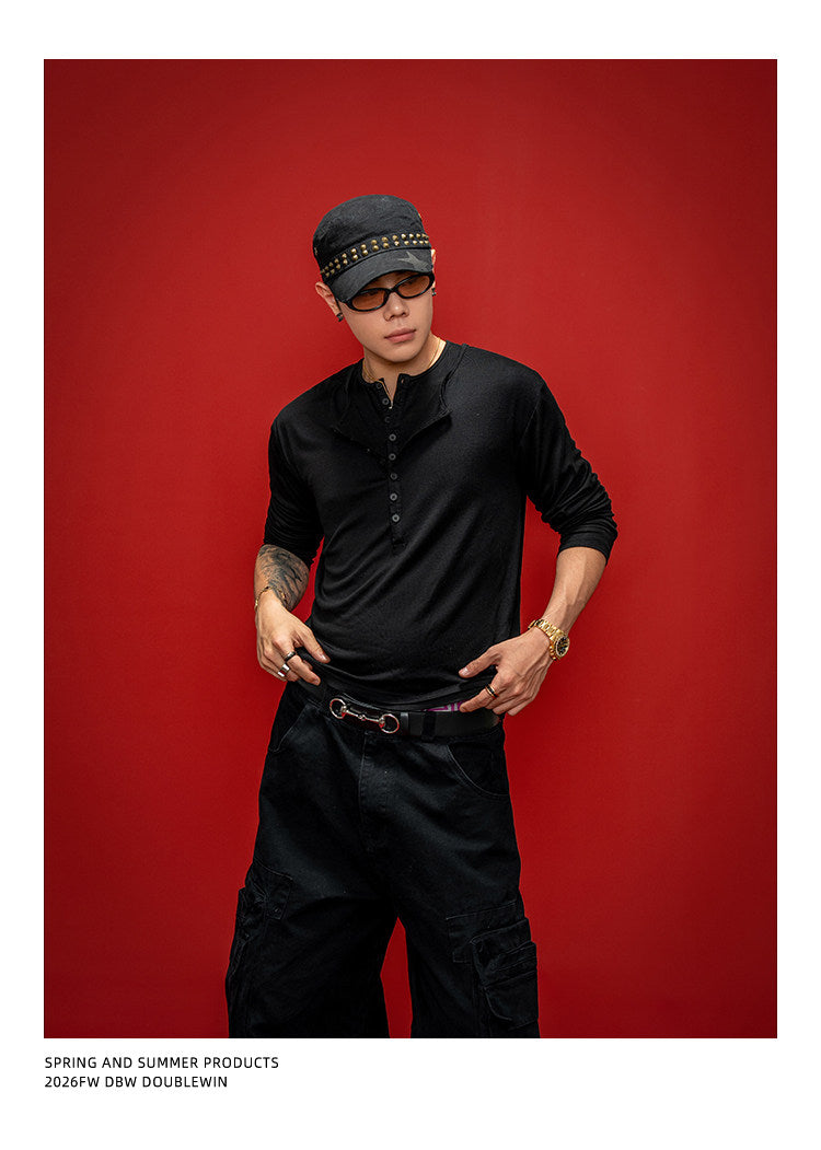 Faux Two-Piece Henley-Neck Shirt
