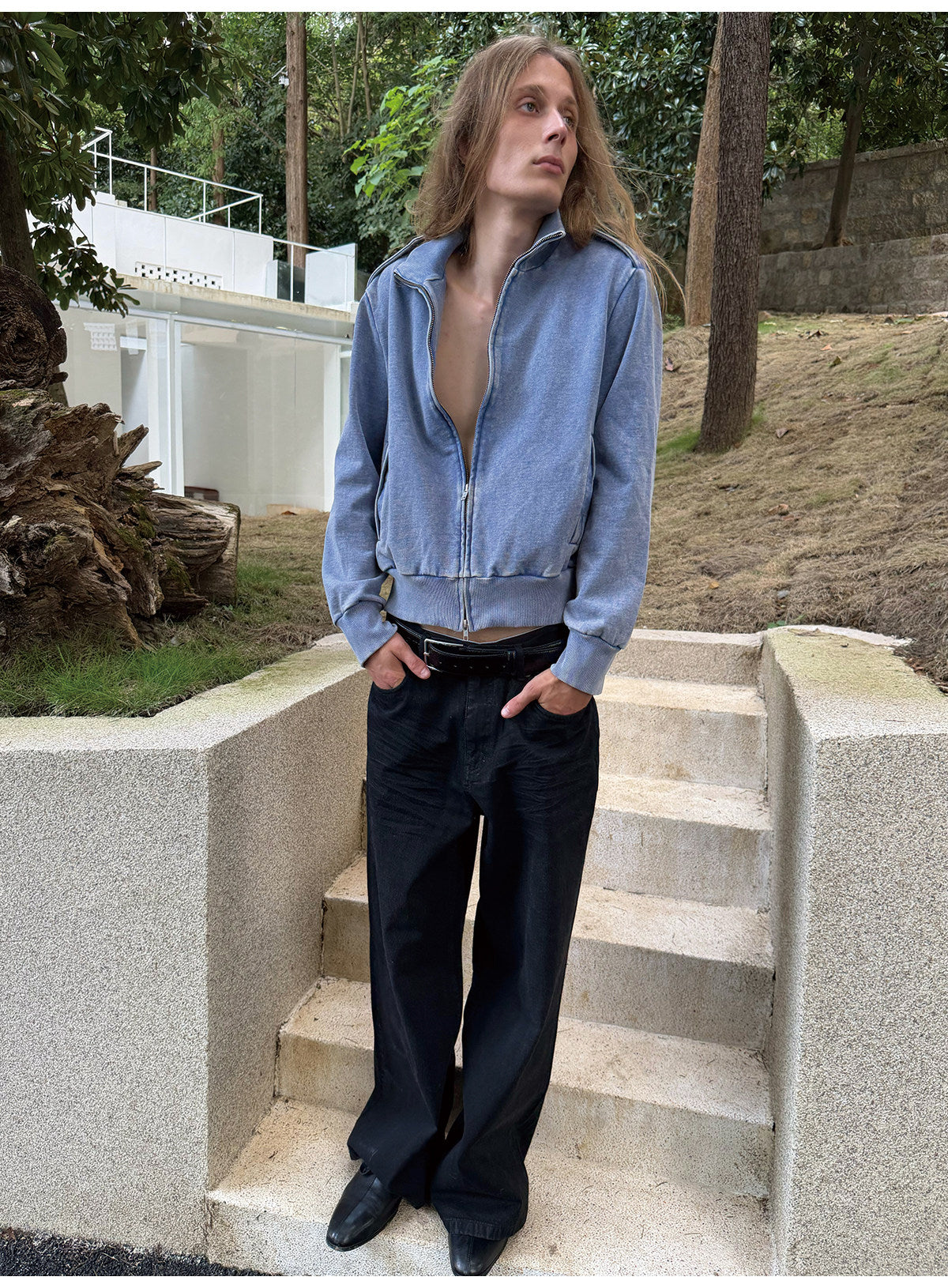 Pleated Waxed Denim Pants
