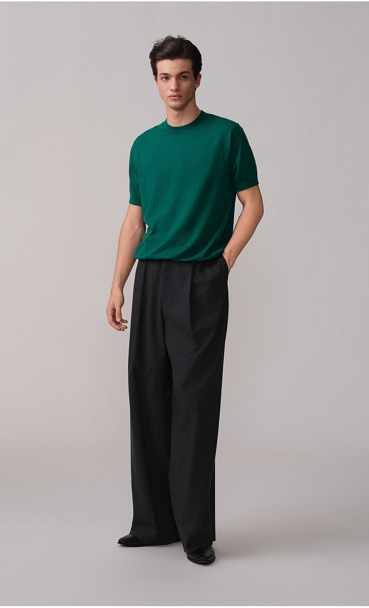 Loose-Fit Casual Pants with Double Pleats and Elastic Waistband