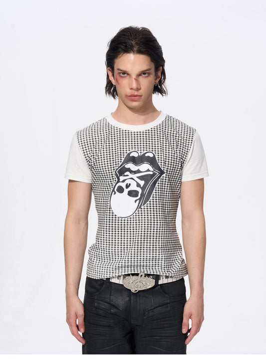 Niche Skull Print Checkered T-Shirt