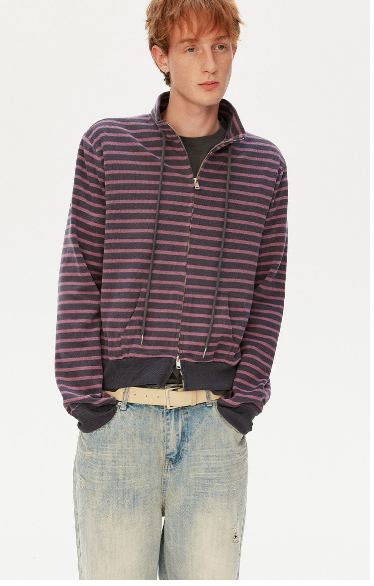 Striped Stand Collar Zipper Cardigan
