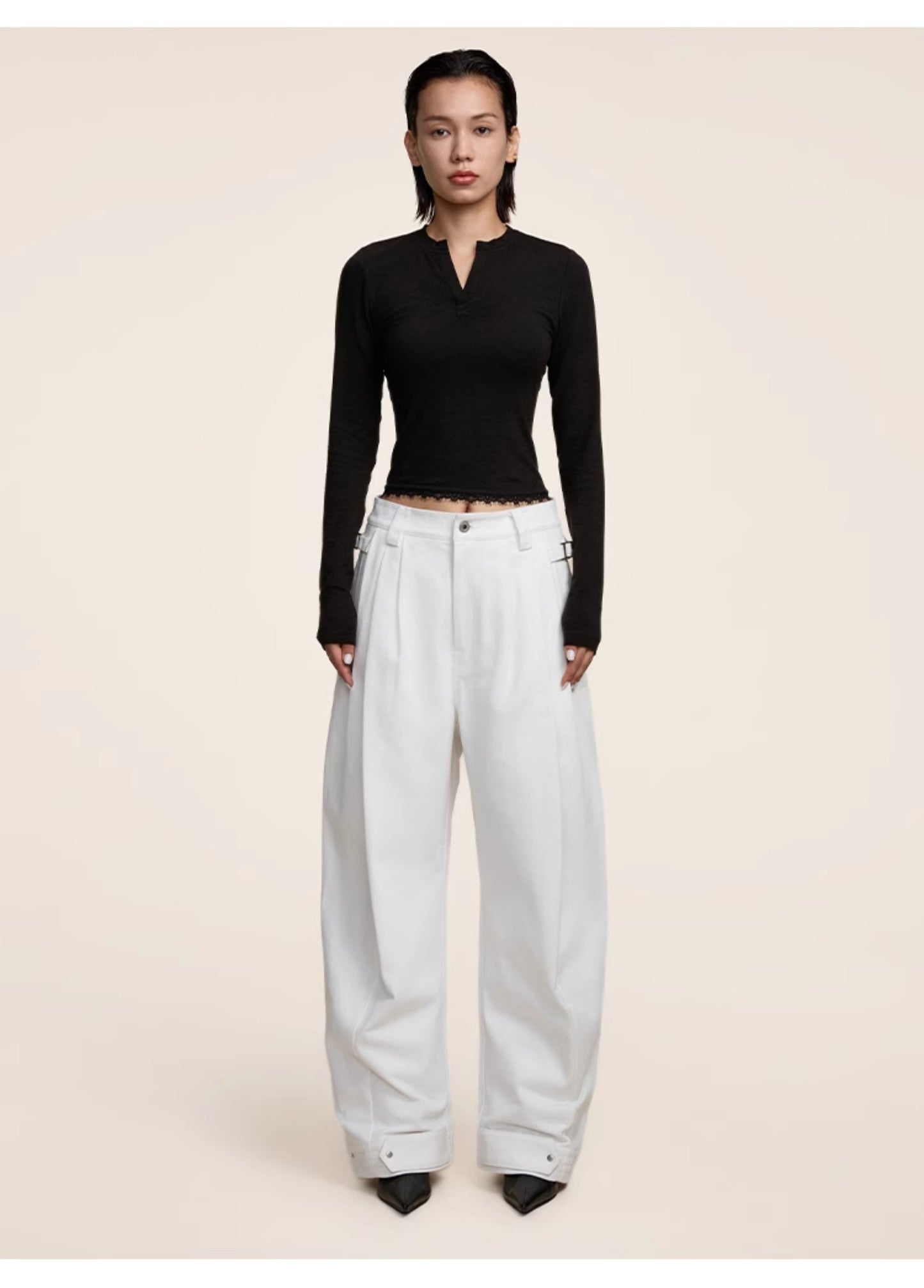 Multi-pleats loose silhouette casual pants