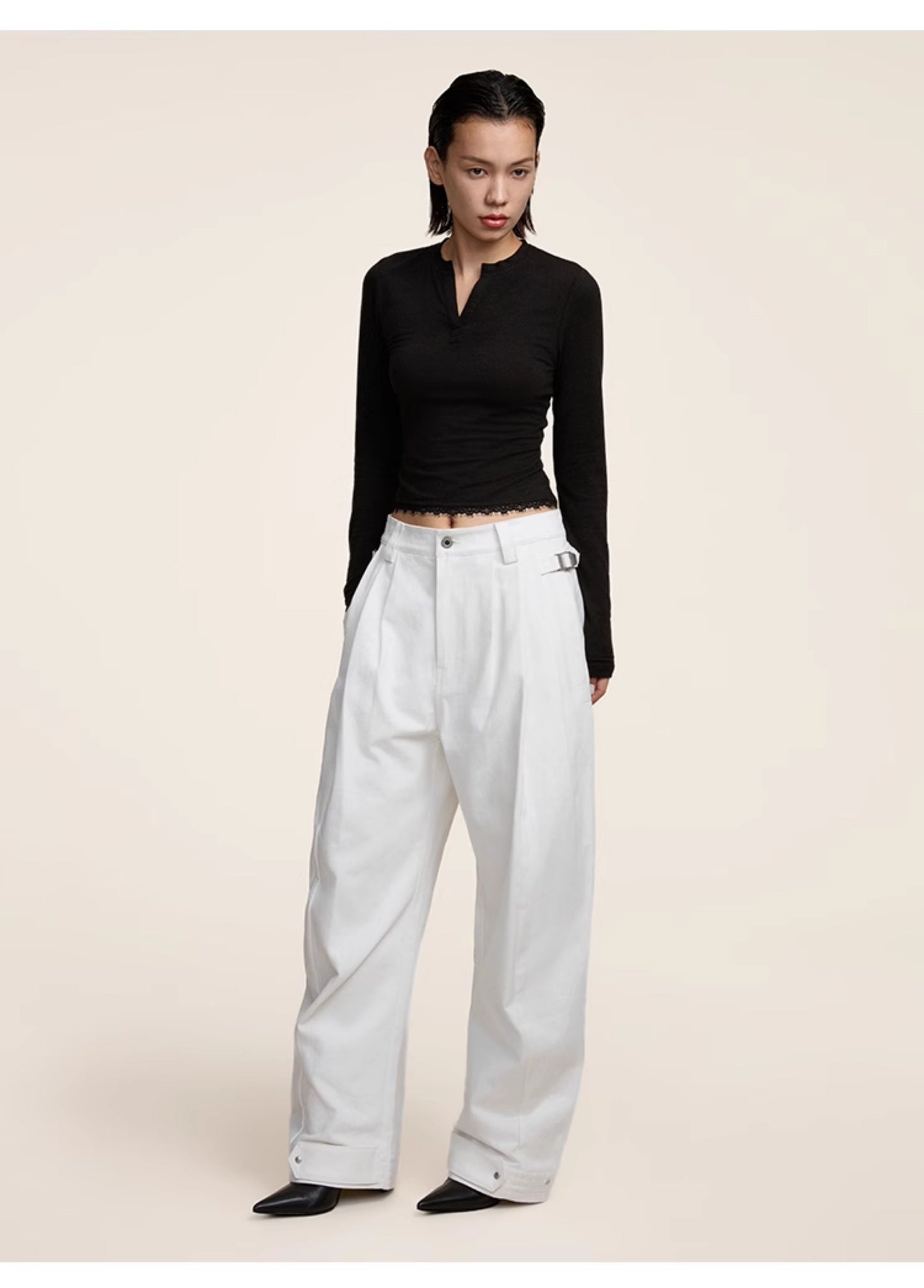 Multi-pleats loose silhouette casual pants