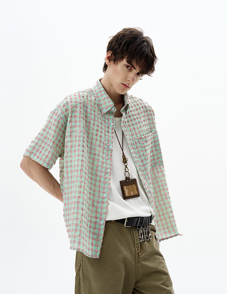 Casual seersucker plaid shirt
