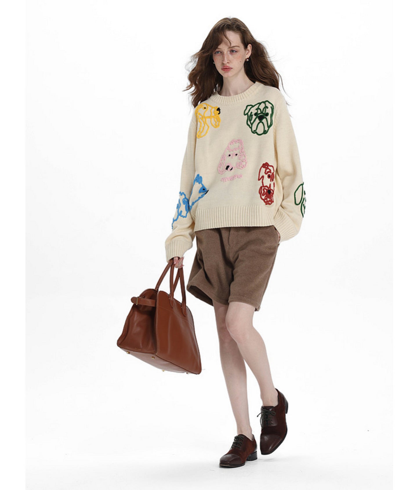 Hand-Knitted Floral-Print Round-Neck Sweater