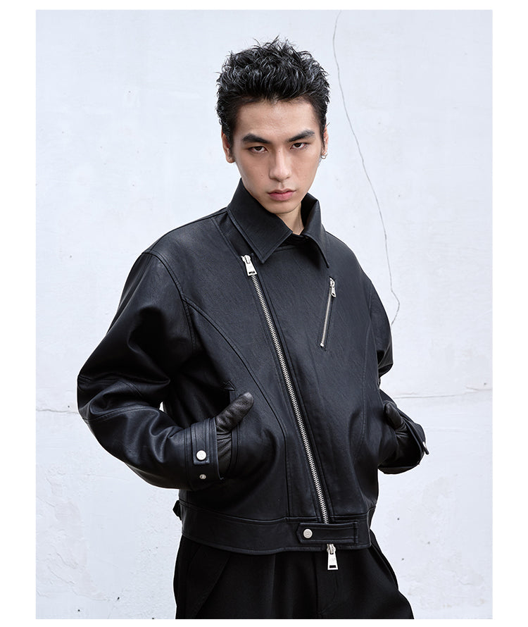 Diagonal Zipper Leather Jacket