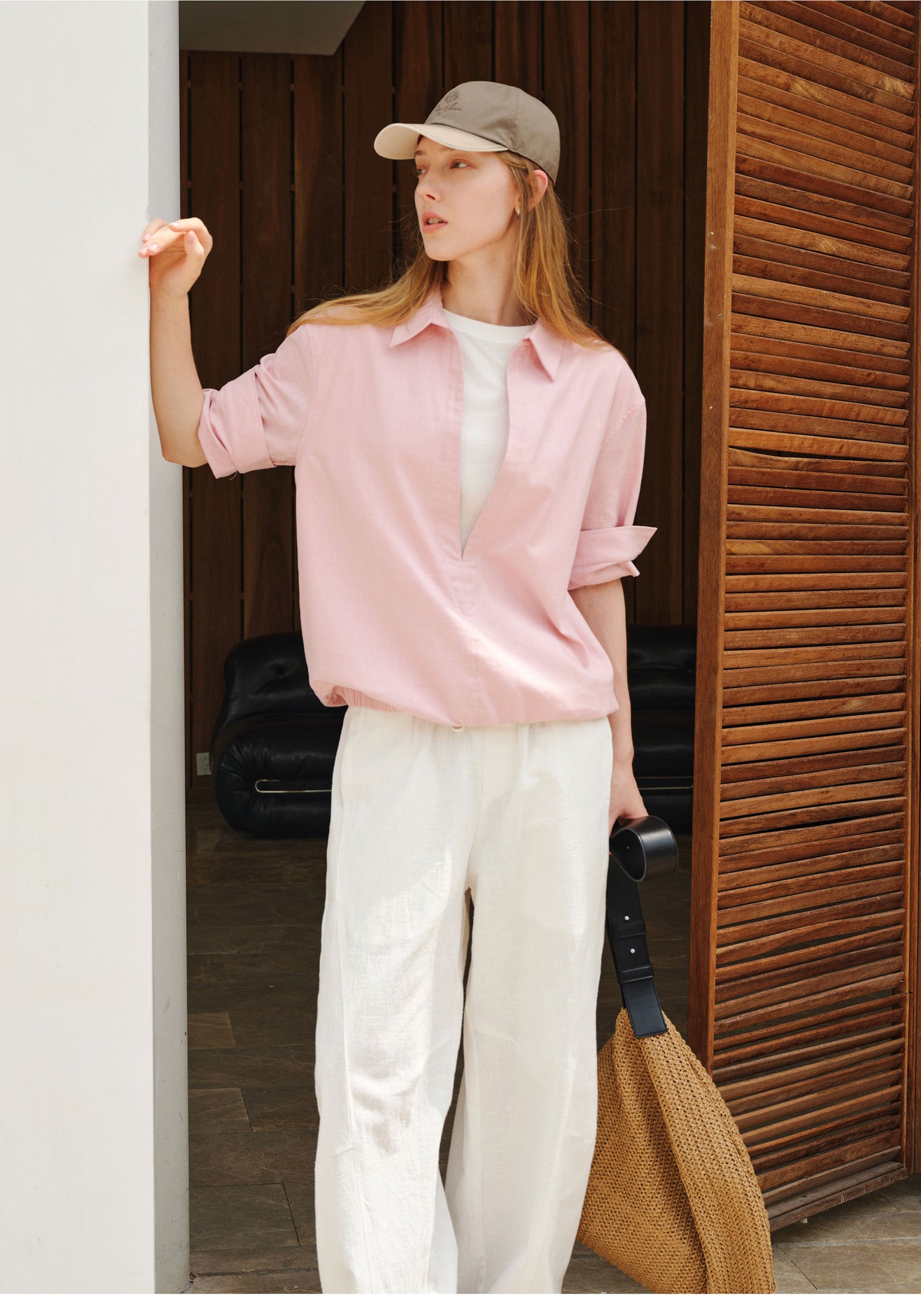 Deep V-Neck Faux Two-Piece Roll-Sleeve Shirt