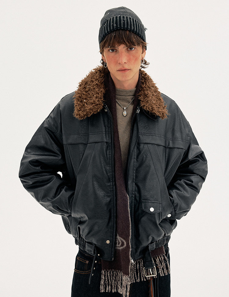 Detachable Fur Collar PU Leather Jacket