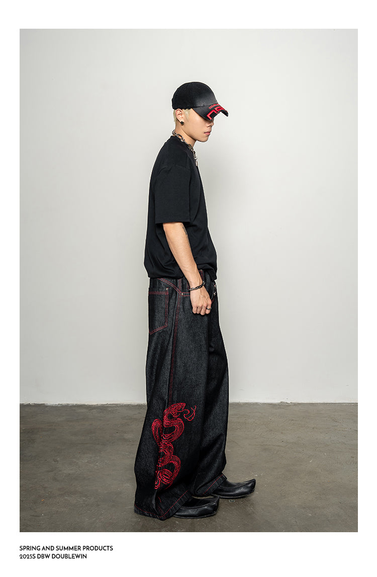 Red Snake Denim Pants