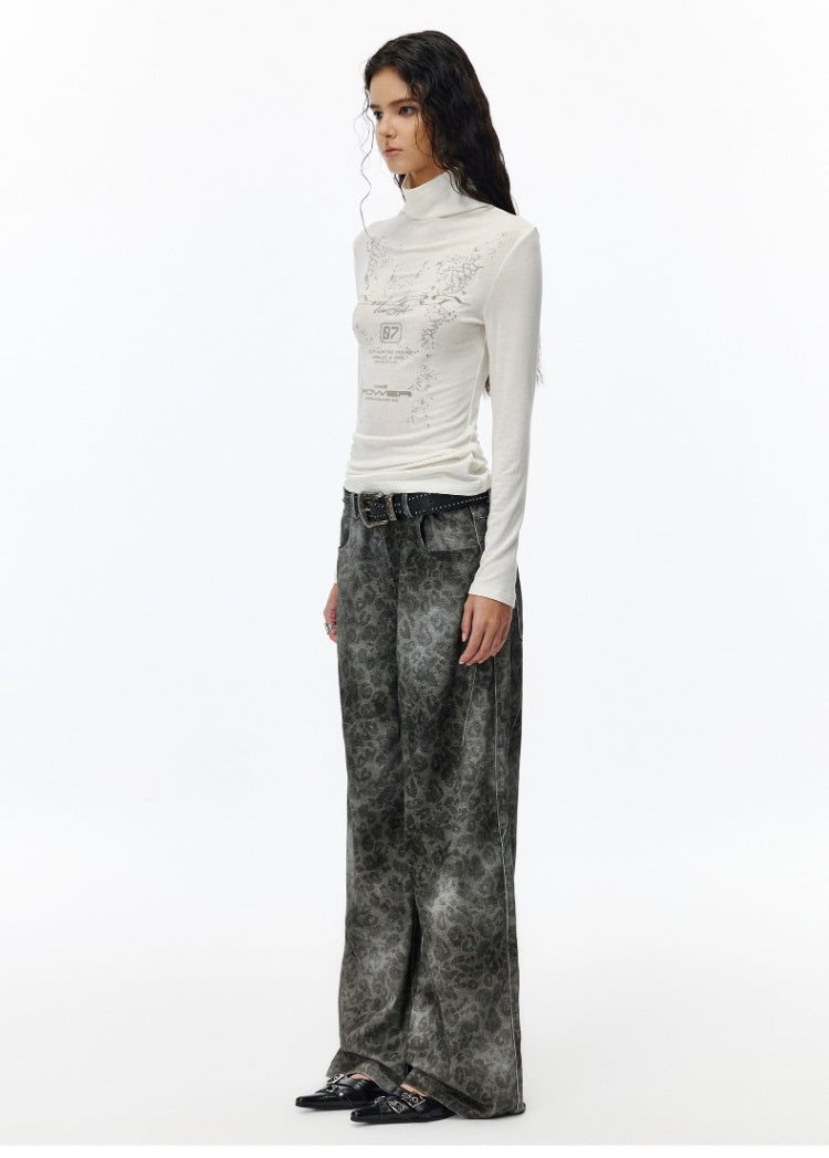 Leopard print wash wide leg jeans