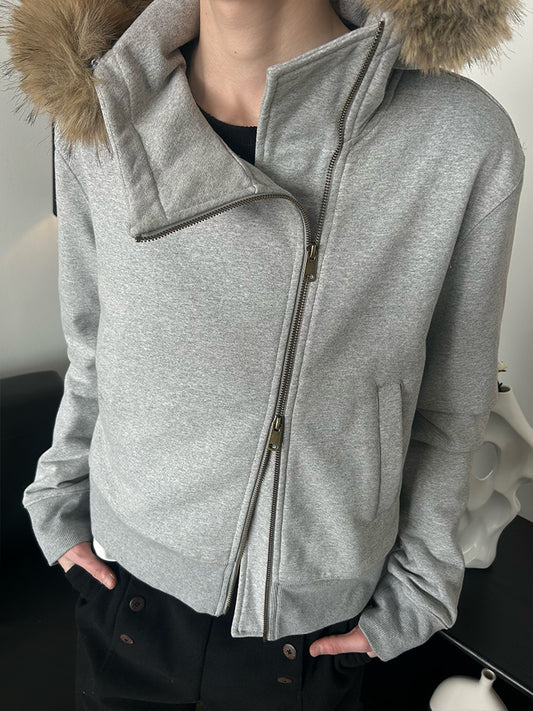 Zipper high collar hooded sweatshirt