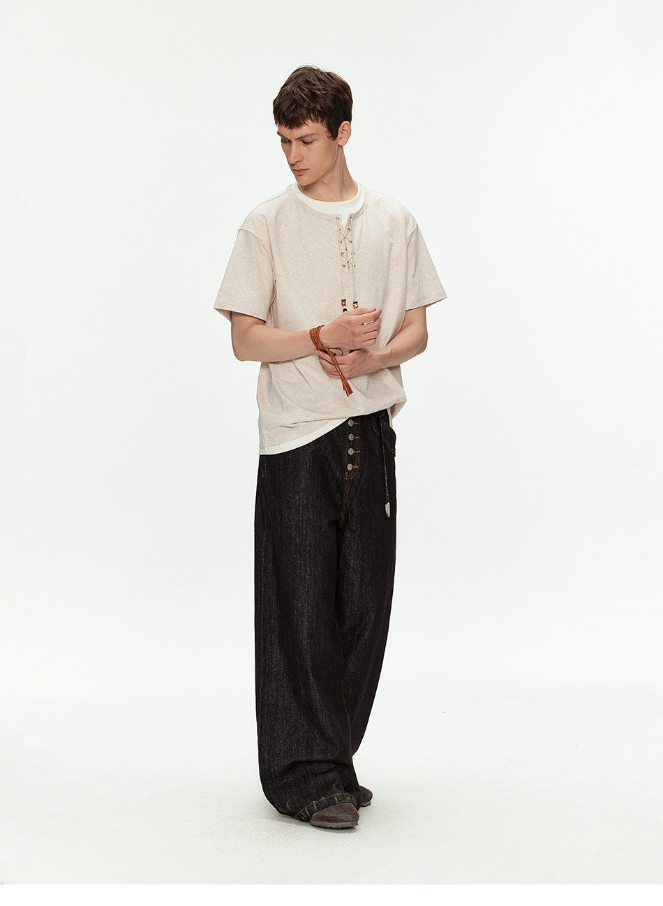 Off-Shoulder Fake Two-Piece T-Shirt with Beads