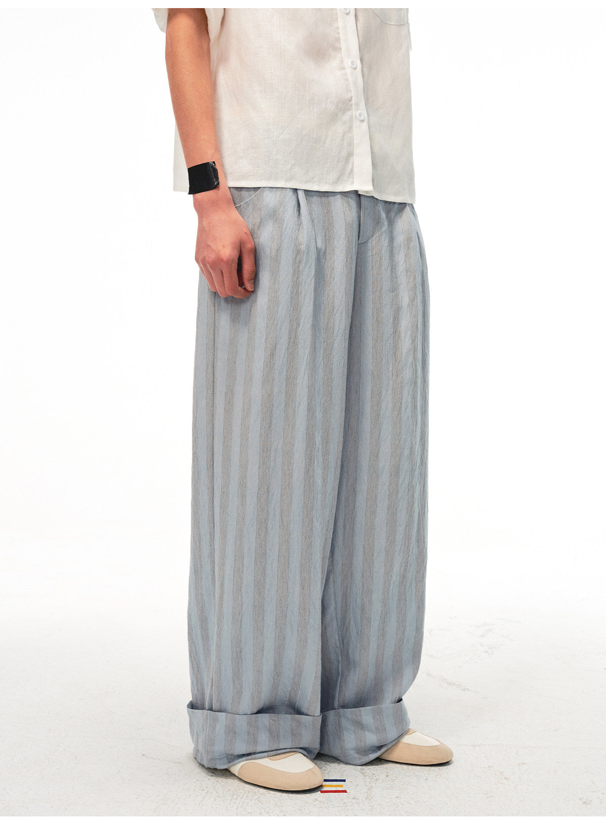 Striped Drawstring Flip-Up Casual Pants