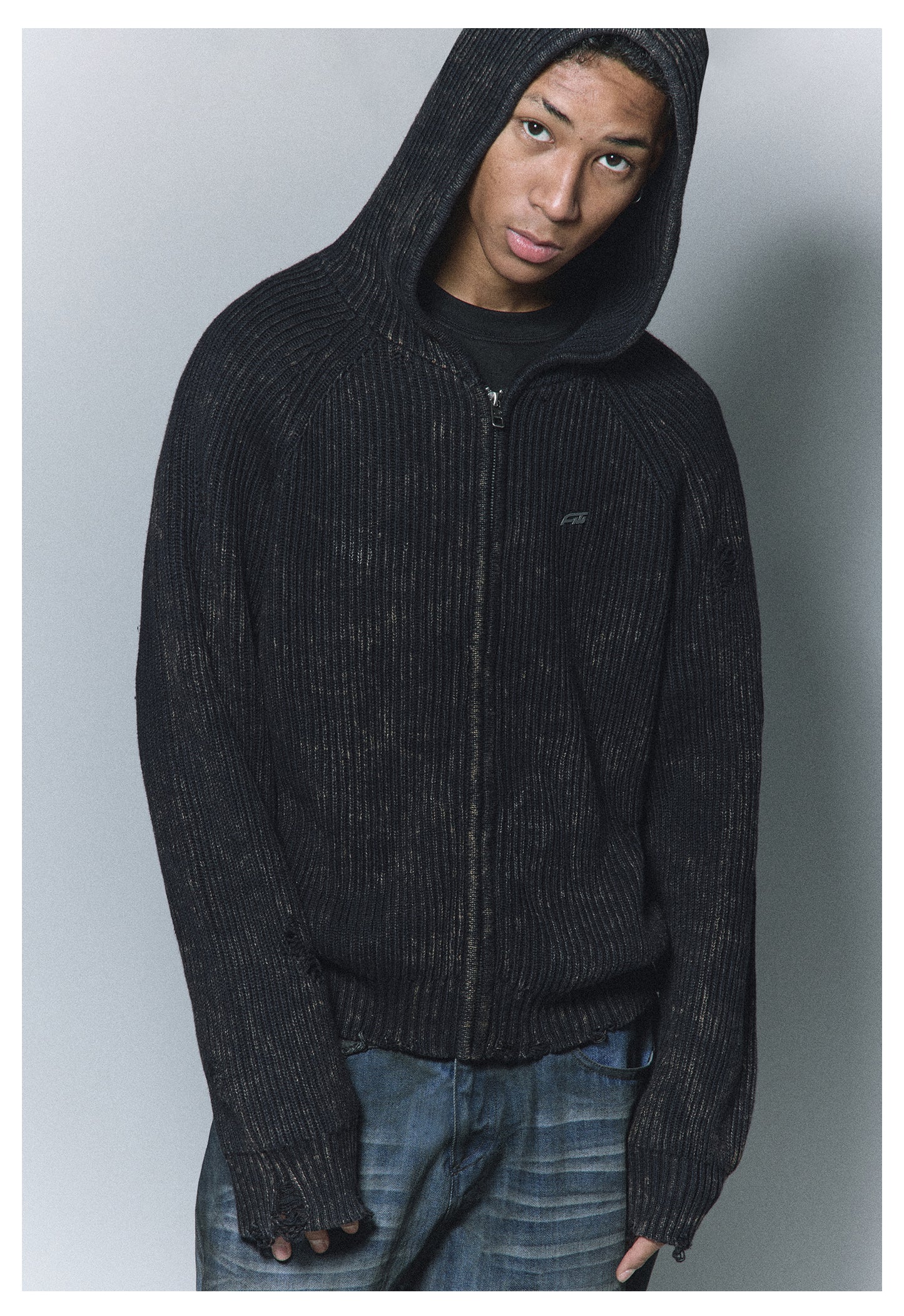 Washed Damaged Pit Pattern Hooded Sweater