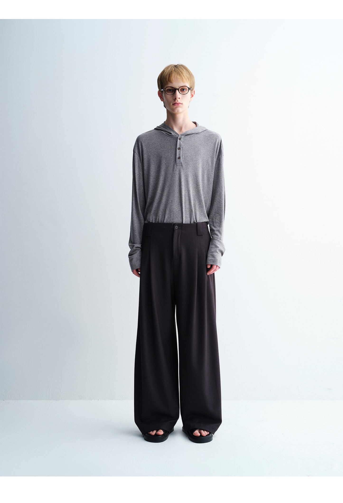 Drape Hooded Henley Collar T-Shirt