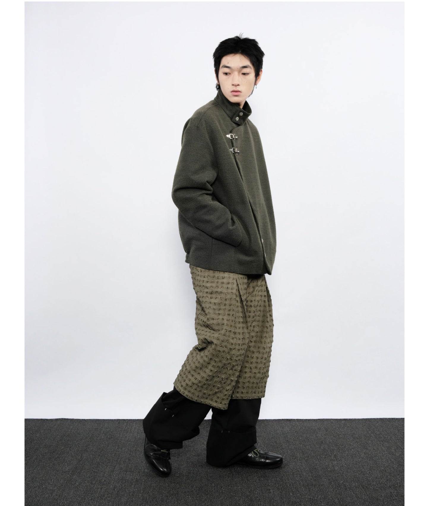 Wool jacket with diagonal front placket