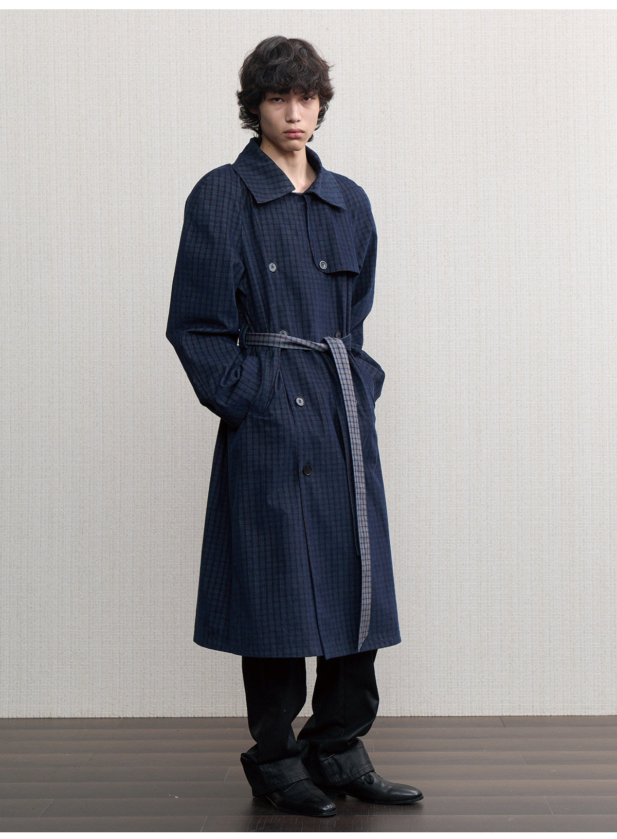 Check-Patterned Raglan-Sleeve Trench Coat