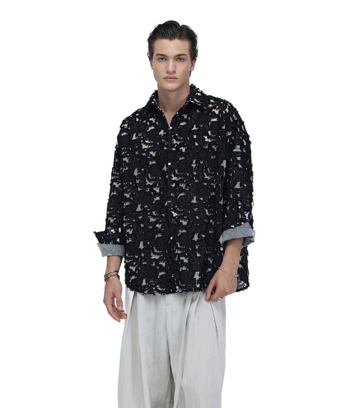 Frayed Edges  Hollow-Weave  Jacquard  Shirt