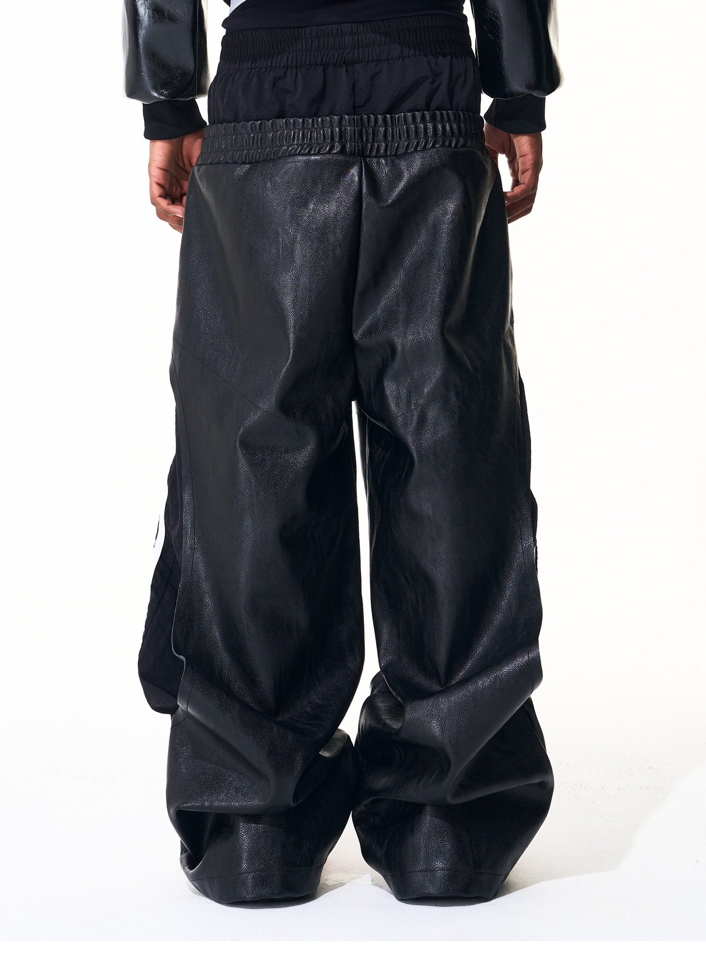 Striped Double-Waist Leather Pants